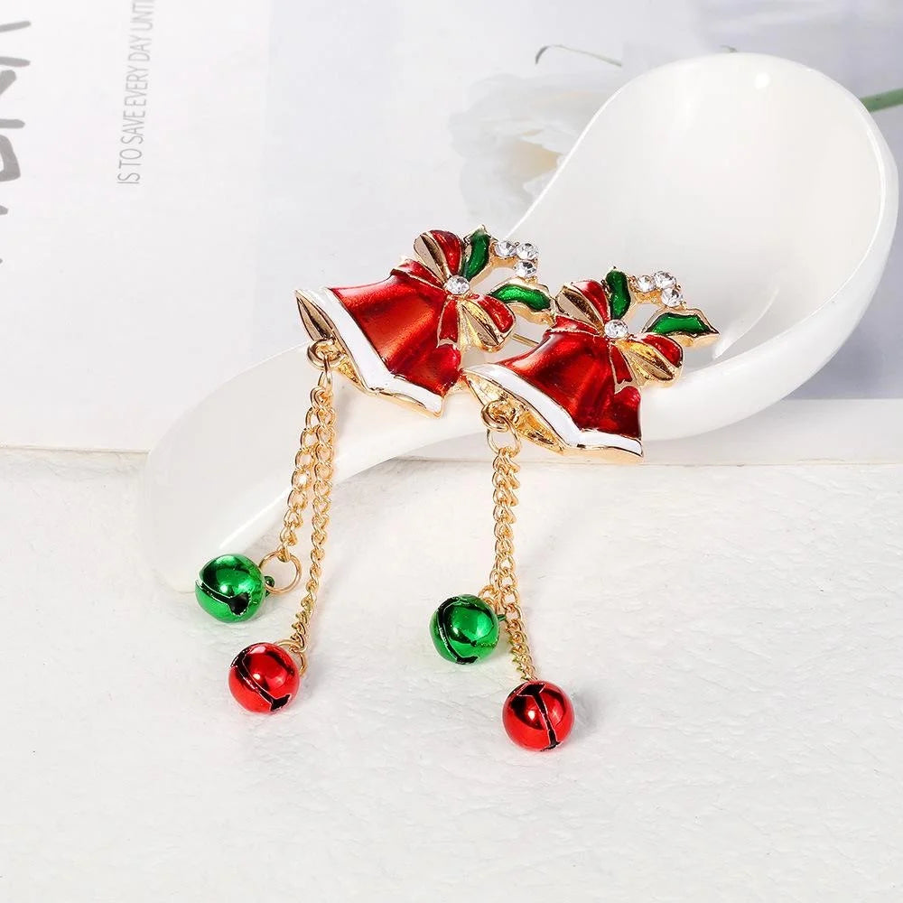 Cute Christmas Double Bell Brooch, Alloy Enamel Rhinestone Dangle Chain Lapel Pin Corsage Gift