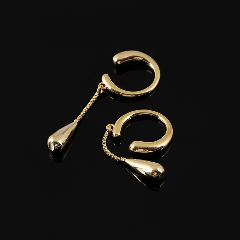 Elegant Gold Alloy Ear Cuff With Long Chain Tassel Teardrop, Stud & Clip On No Piercing Earrings