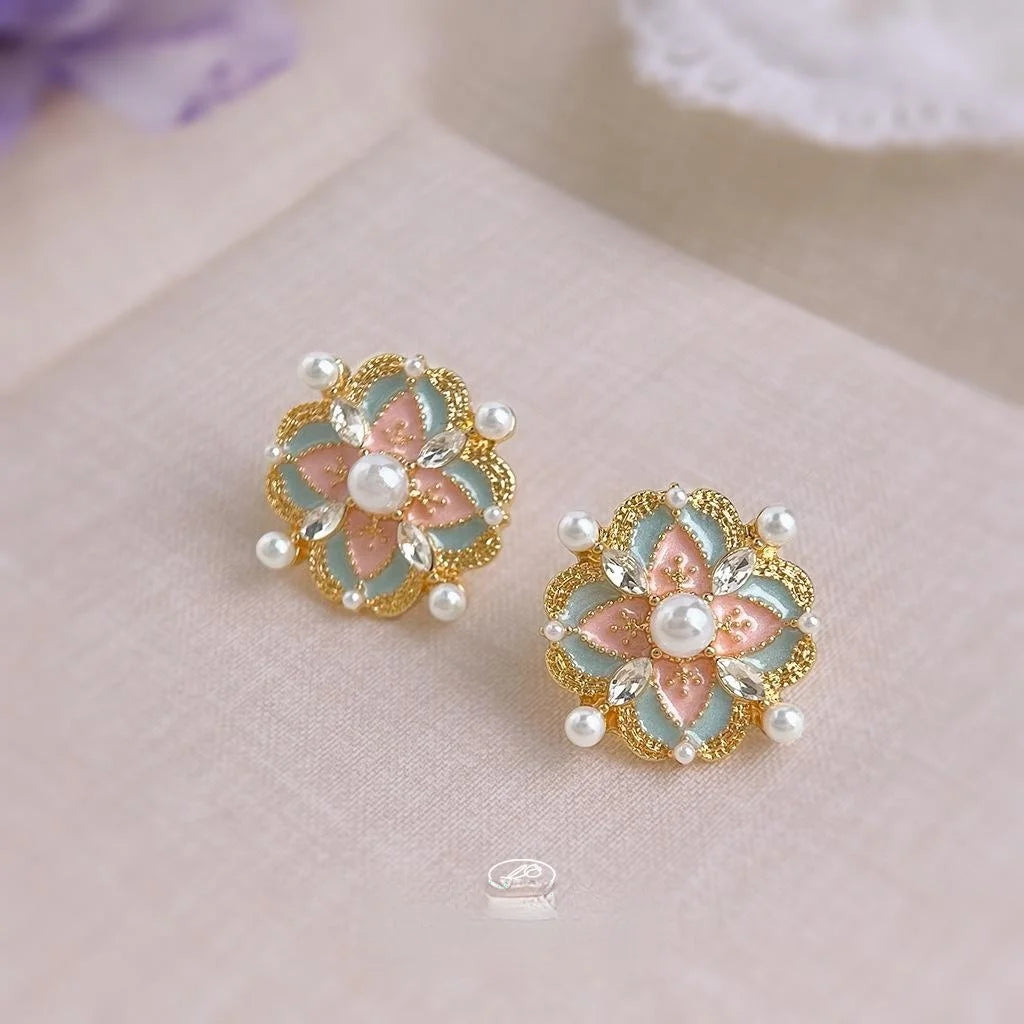 Artistic Vintage New Chinese Enamel Glazed Flower Copper Stud Earrings For Women