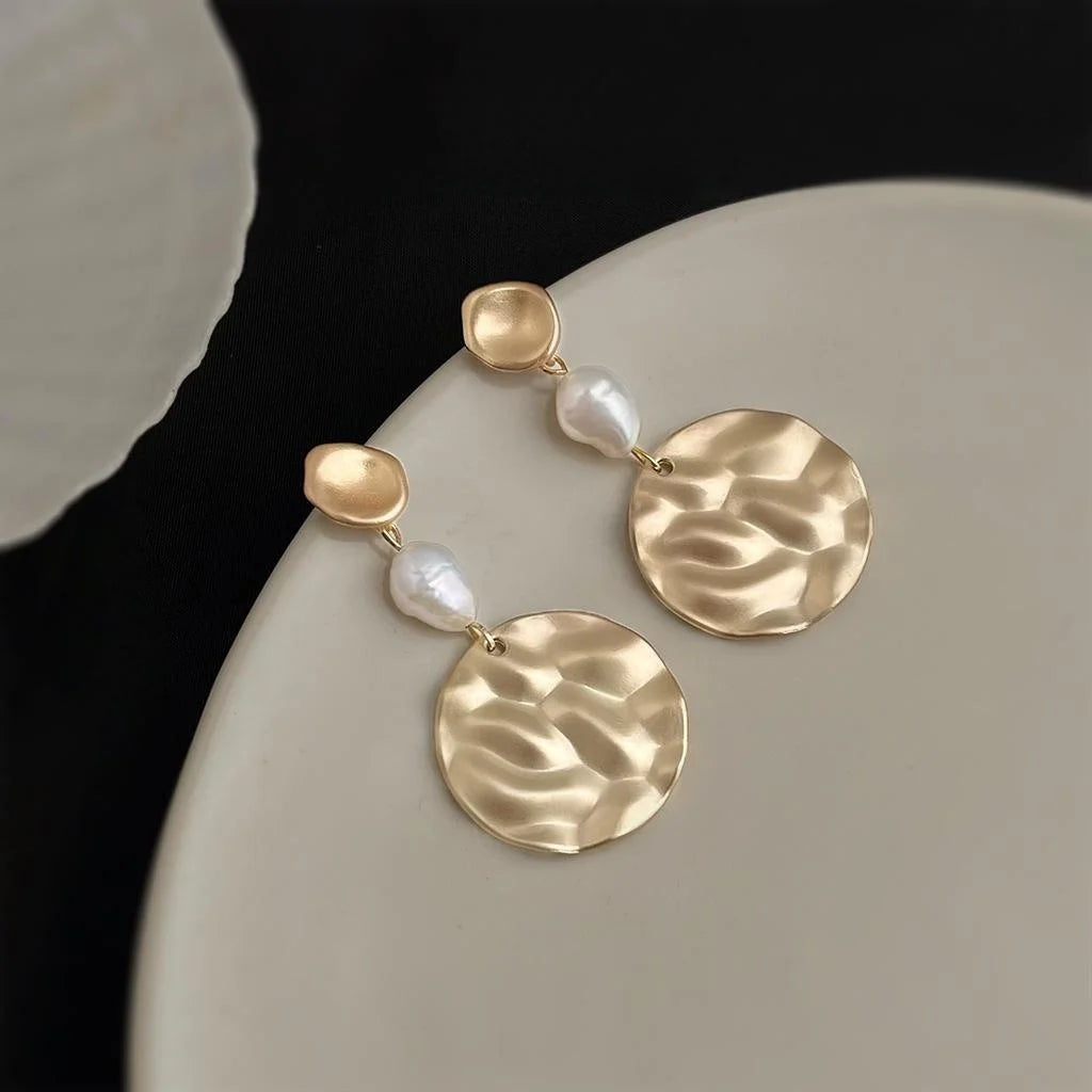 Vintage Baroque Freshwater Pearl Geometric Copper Drop Earrings With Matte Round Design