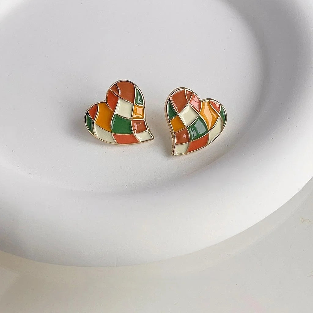 14K Plated Copper Colorblock Plaid Enamel Heart Stud Earrings Korean Sweet Style