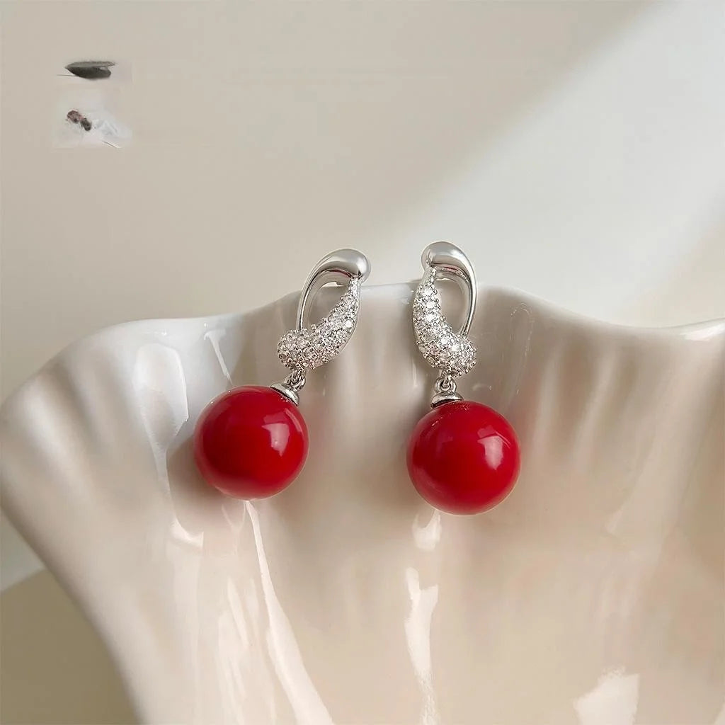 Vintage Red Glass Pearl Zircon Micro Pave Copper Drop Earrings With Silver Plated Posts