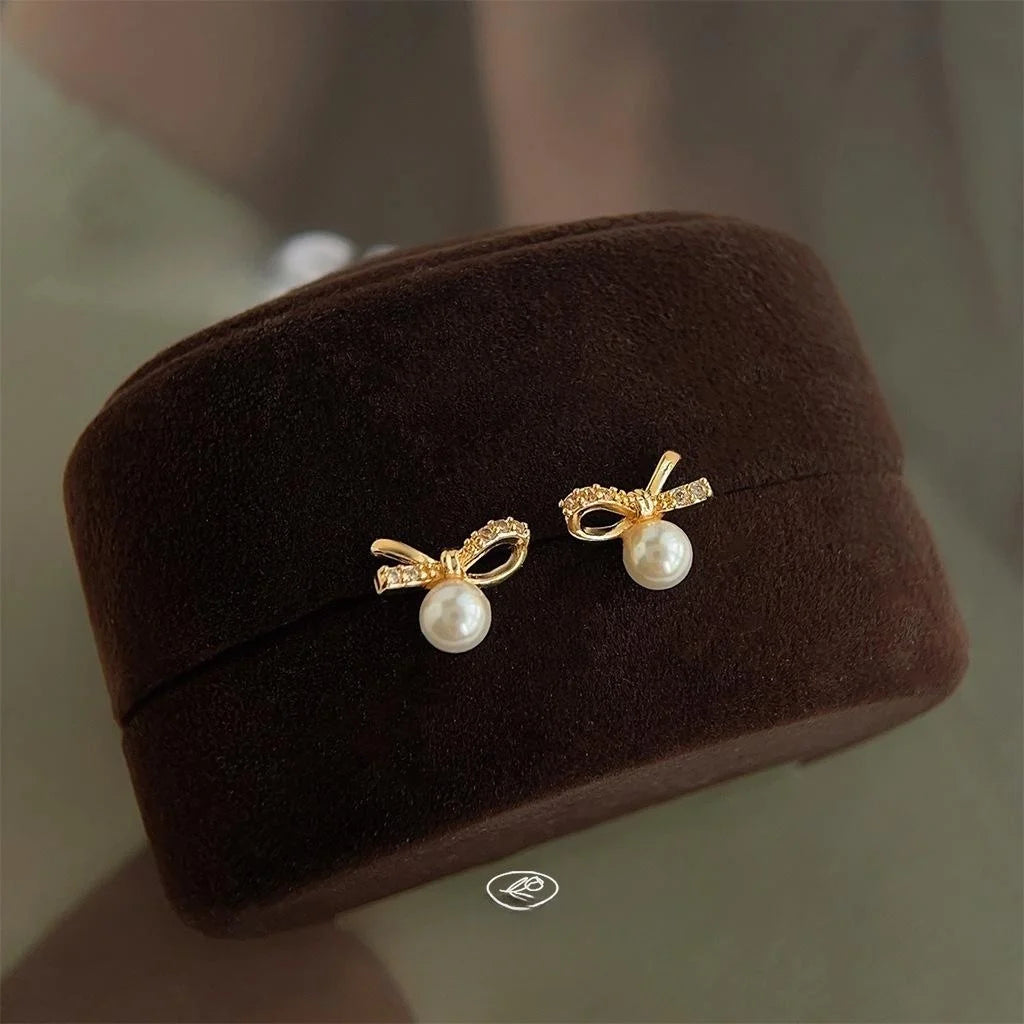 14K Plated Copper Mini Bow Pearl Stud Earrings Micro Pave Zircon Daily Versatile Jewelry