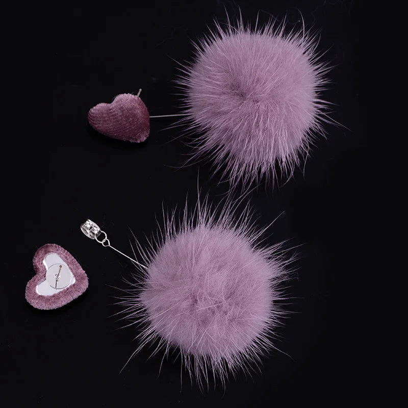 Pink Mink Fur Pom Pom Drop Stud & Clip On No Piercing Alloy Ball Dangle Winter Earrings