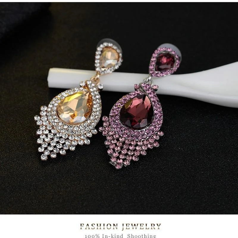 Luxury Rhinestone Crystal Teardrop Chandelier Earrings, Vintage Tassel Dangle Jewelry For Wedding Party Gift