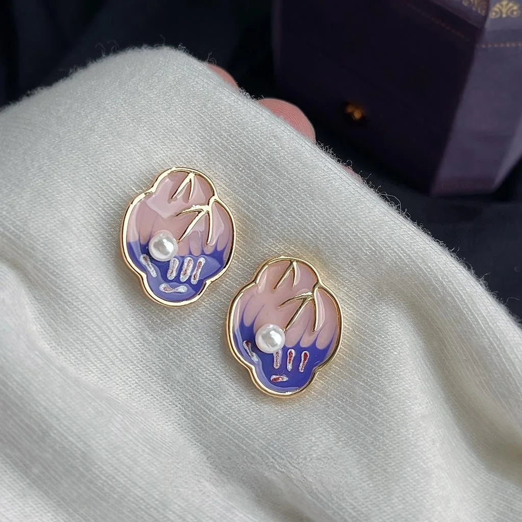 French Vintage Copper Enamel Drip Glaze Hand Painted Tulip Pearl Stud Earrings