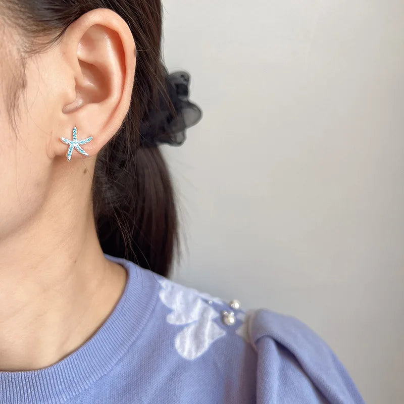 Elegant Blue Zircon Starfish Stud & Clip On No Piercing Beach Vacation Alloy Fashion Earrings