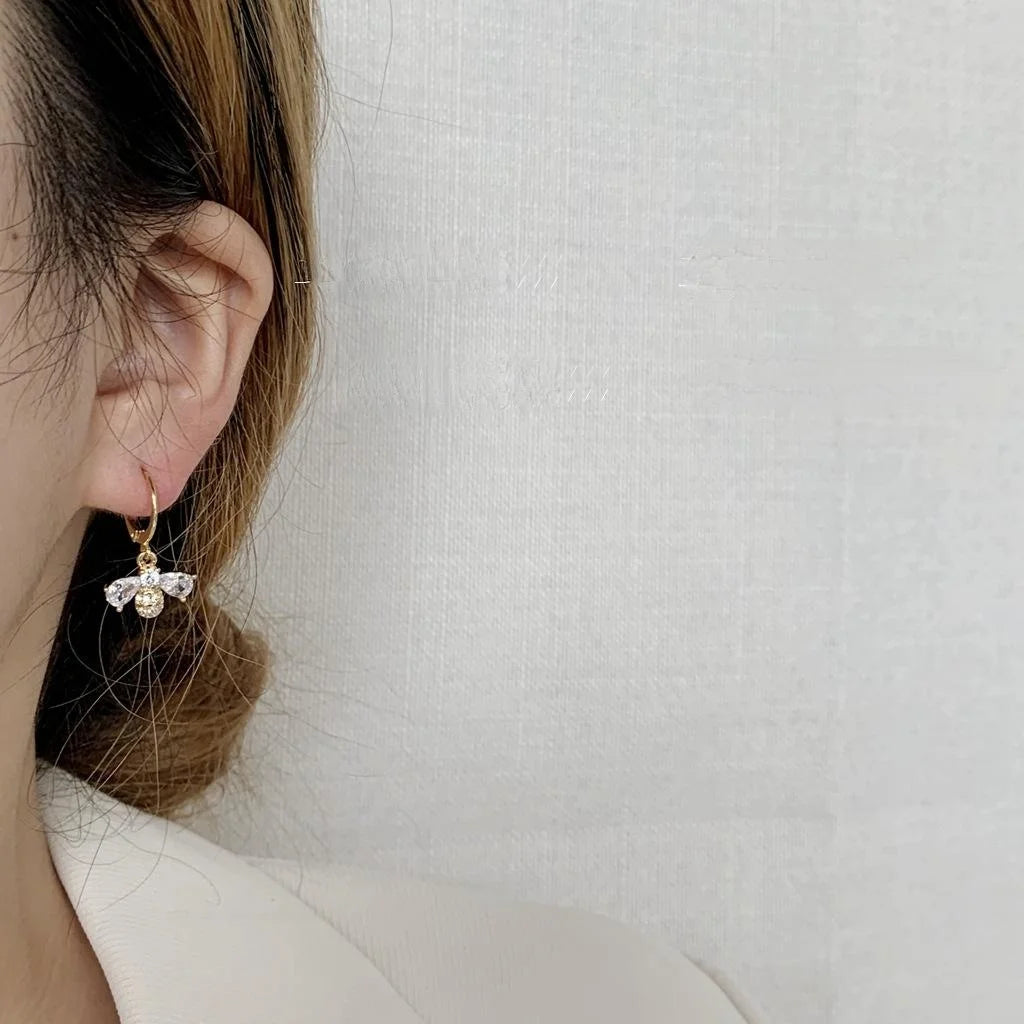 14K Gold Plated Copper Micro Pave Zircon Bee Drop Earrings Light Luxury Vintage Jewelry