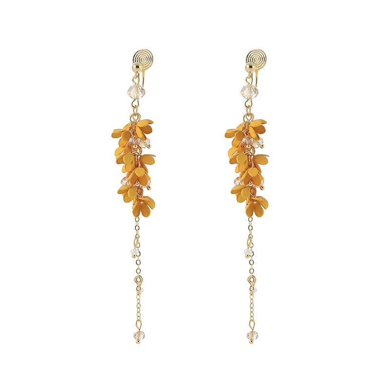 Elegant Yellow Osmanthus Flower Tassel Alloy Crystal Pearl Stud & Clip On No Piercing Earrings