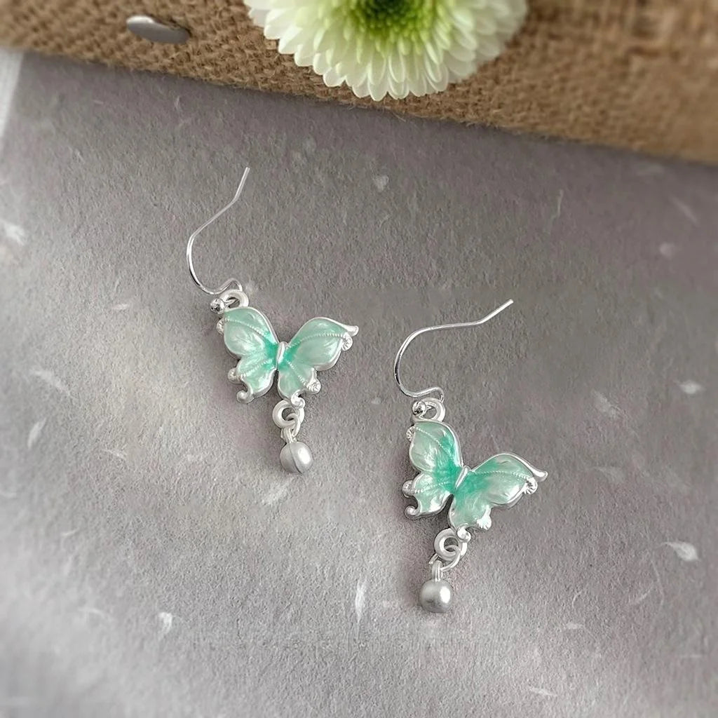 Sweet Forest Style Gradient Green Enamel Butterfly Copper Drop Earrings For Women