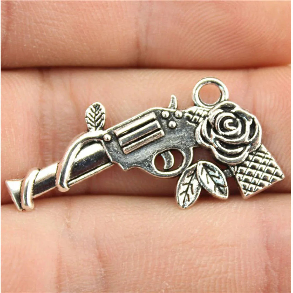 31x19mm 2.1g Antique Silver Zinc Alloy Flower Pistol Charm Pendant for DIY Necklace Jewelry Making