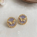 French Vintage Copper Butterfly Geometric Stud Earrings With Oil Painting Enamel Finish