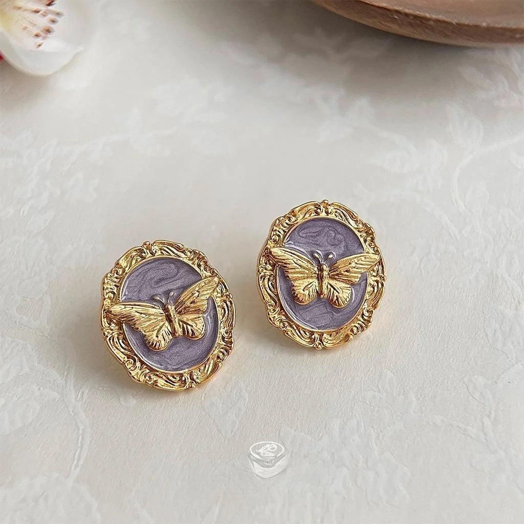 French Vintage Copper Butterfly Geometric Stud Earrings With Oil Painting Enamel Finish