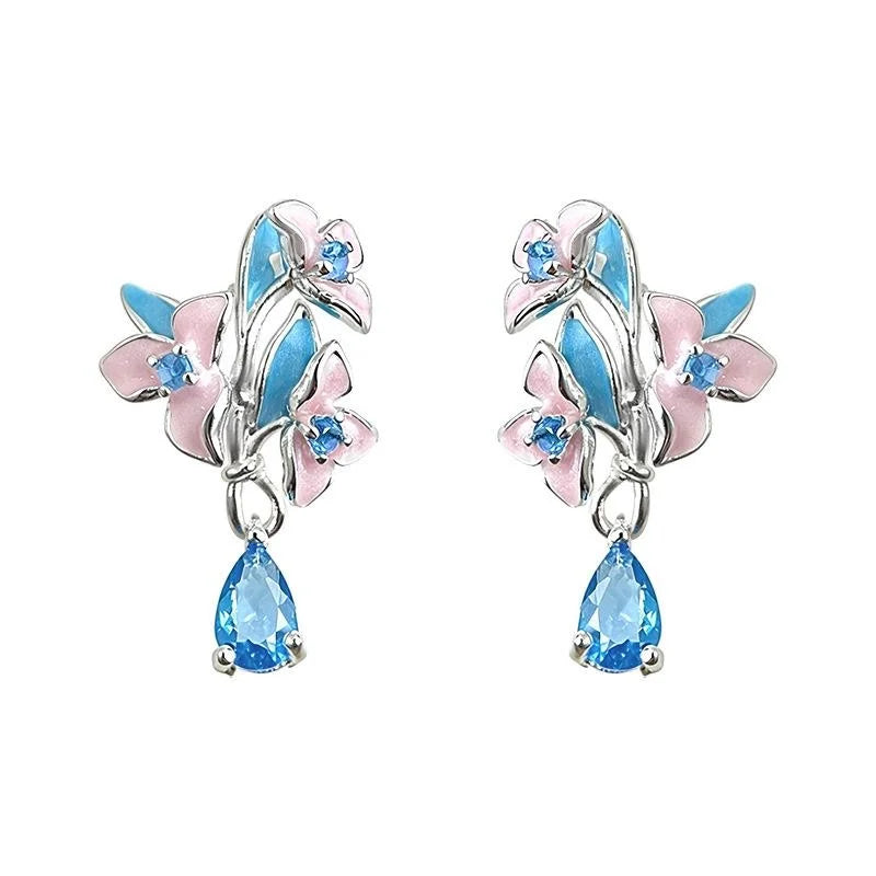 Hand Painted Enamel Orchid Drop Earrings Eco Copper Aquamarine Zircon Floral Sweet Jewelry