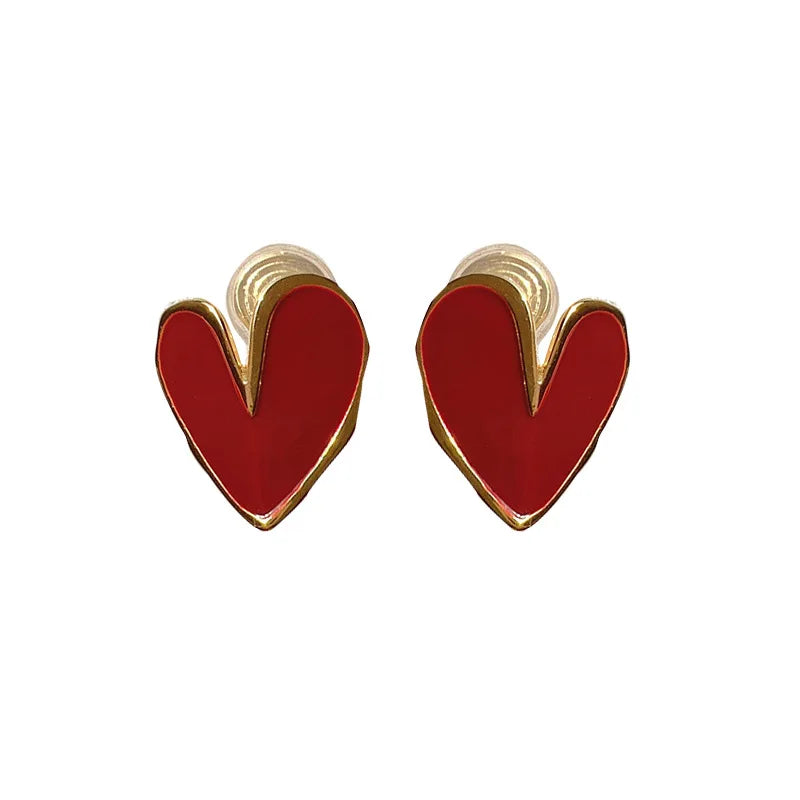 Luxury Red Enamel Heart Gold Tone Alloy Spiral Back Stud & Clip On No Piercing Women's Earrings