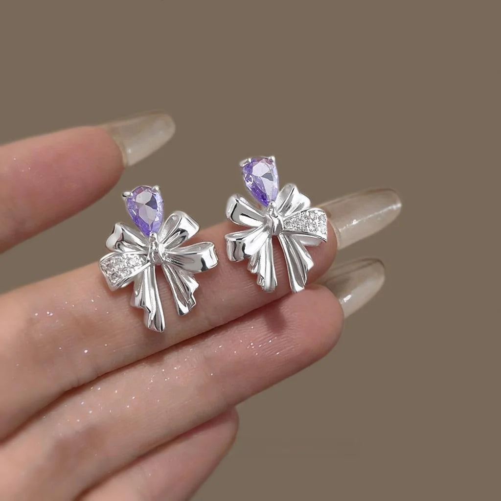 Sweet Cool Bow Geometric Zircon Copper Drop Earrings Designer Jewelry