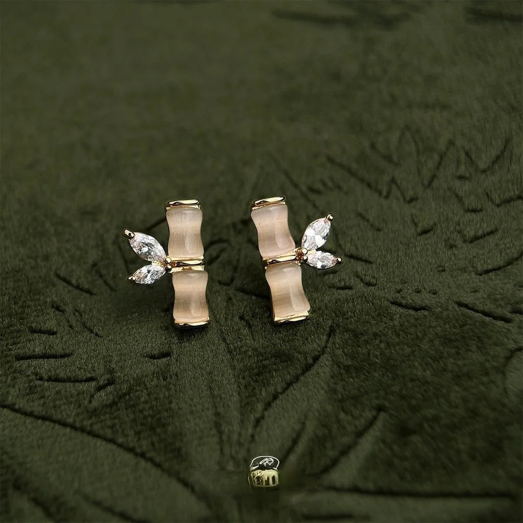 New Chinese Style Glass Cat Eye Stone Bamboo Leaf Stud Earrings Copper Micro Pave Zircon Luxury Jewelry