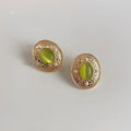 French Vintage Green Glass Cat Eye Oval Pearl Copper Stud Earrings Elegant Geometric Jewelry