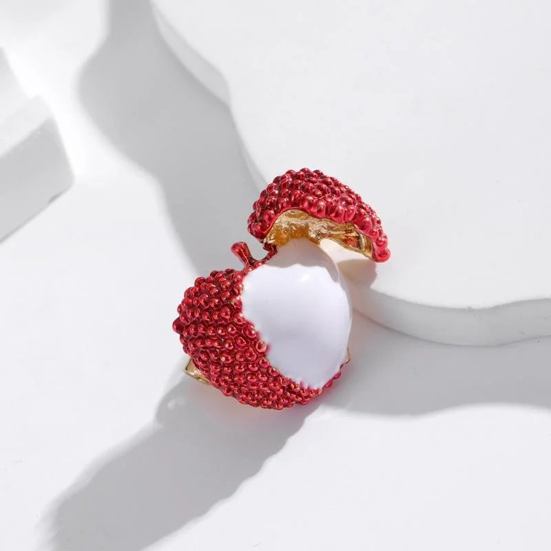 Elegant Red Enamel Lychee Fruit Brooch With Alloy Gold Tone Open Design, Cute Lapel Pin Corsage Gift