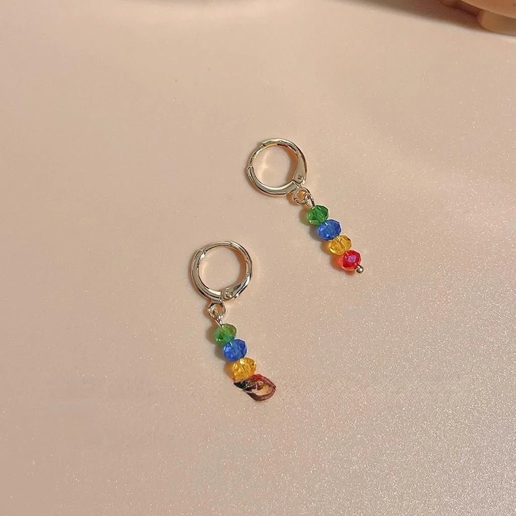 Handmade Sweet Summer Candy Color Glass Crystal Beaded Tassel Drop Earrings With Copper Geometric Design