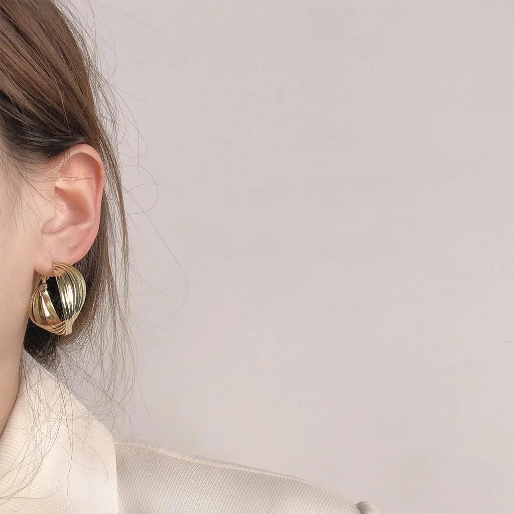 Klein Style Geometric Hoop Stud Earrings, 14K Plated Metal Minimalist Korean Jewelry