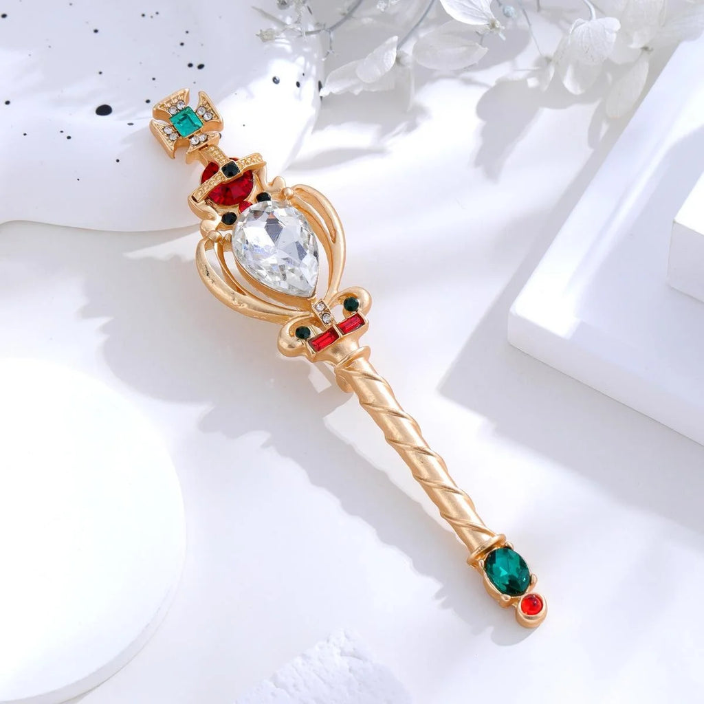 Vintage Palace Magic Wand Brooch With Rhinestone Crystal Gems, Elegant Lapel Pin Suit Accessory Gift