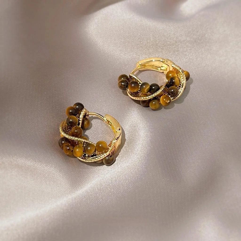 Handmade Copper Tiger Eye Geometric Twisted Round Vintage Maillard Style Drop Earrings