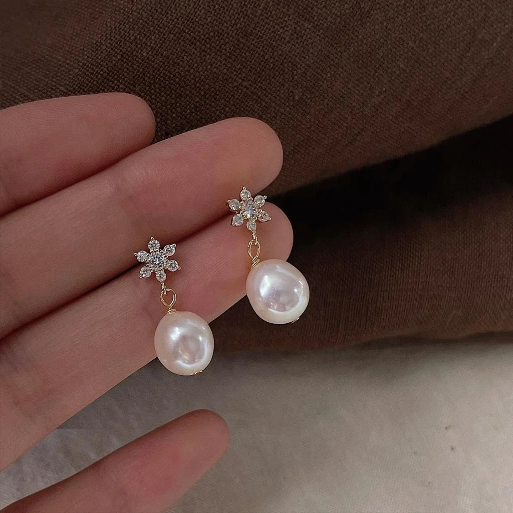 French Vintage Baroque Freshwater Pearl Teardrop Stud Earrings With Zircon 14K Gold Plated