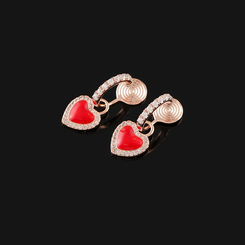 Elegant Luxury Red Enamel Heart Rhinestone Hoop Stud & Clip On No Piercing Birthday Gift Earrings
