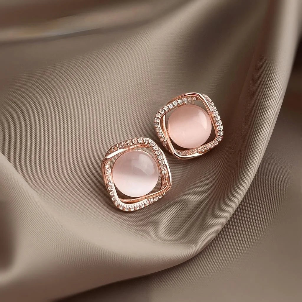 Copper Rose Gold Plated Geometric Square Stud Earrings With Zircon Glass Cat Eye Stone
