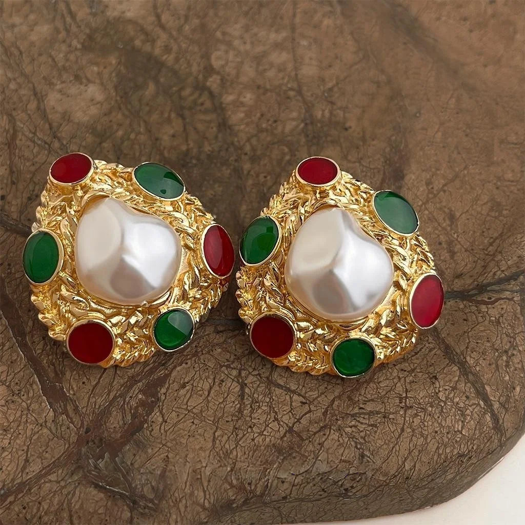 Oversized French Vintage Copper Pearl Drop Earrings Handmade Enamel Irregular Geometric Design