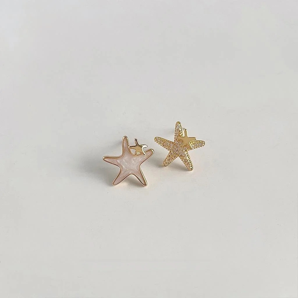 Sweet Asymmetric Starfish Stud Earrings With Micro Pave Zircon, 14K Plated Copper