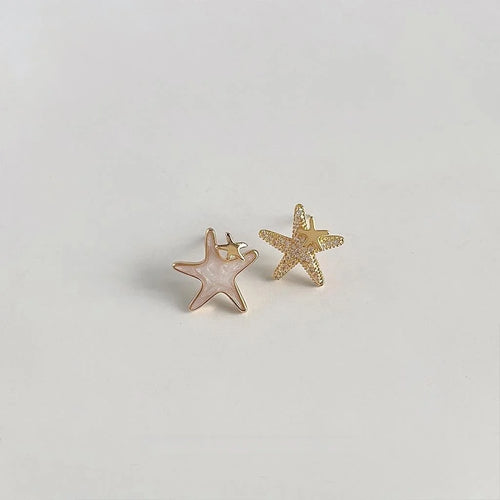 Sweet Asymmetric Starfish Stud Earrings With Micro Pave Zircon, 14K Plated Copper