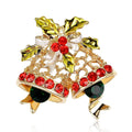Luxury Gold Alloy Christmas Bell Brooch With Red Rhinestones, Enamel Holly Bow Lapel Pin Gift