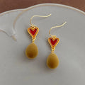 Vintage Maillard Style Copper Enamel Flocked Heart Oval Drop Earrings For Women