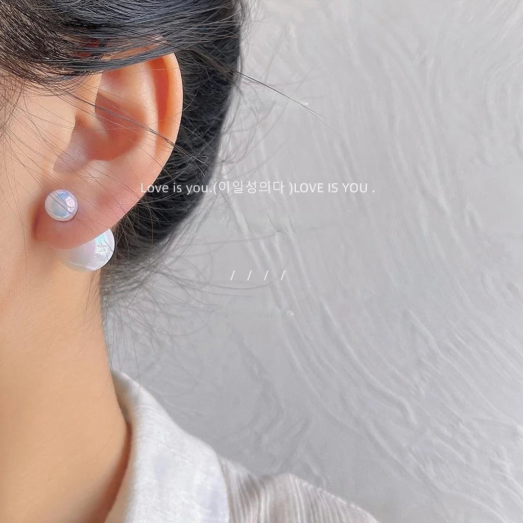 Two Way Resin Iridescent Pearl Stud Earrings With Silver Plated Pins Minimalist Korean Geometric Style