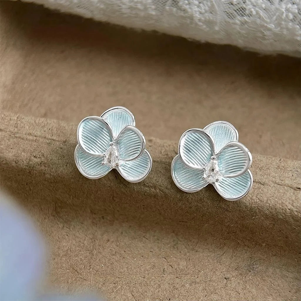 Fresh Summer Green Orchid Flower Stud Earrings Copper Zircon Hand Painted Sweet Floral Jewelry