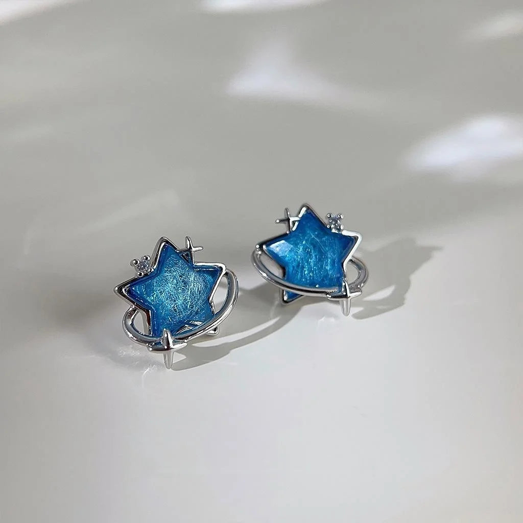 Blue Glass Five Point Star Stud Earrings Silver Plated Sweet Cool Geometric Jewelry