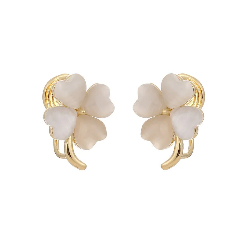 Elegant Cat Eye Stone Four Leaf Clover Alloy Stud & Clip On No Piercing Lucky Flower Earrings