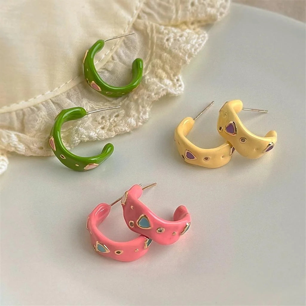 Colorful Enamel C-Shaped Heart Geometric Eco Copper Drop Earrings Sweet Silver Plated Pin Jewelry
