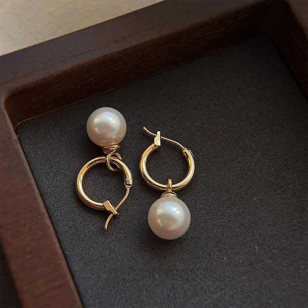 14K Gold Plated Copper Round Geometric Glass Pearl Drop Earrings Light Luxury Handmade Jewelry