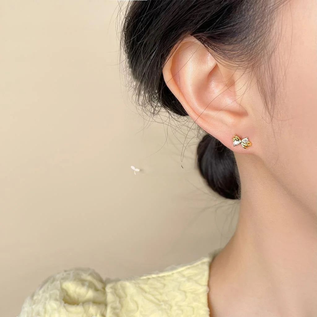 Mini 14K Gold Plated Copper Micro Pave Cubic Zirconia Bow Stud Earrings For Daily Wear