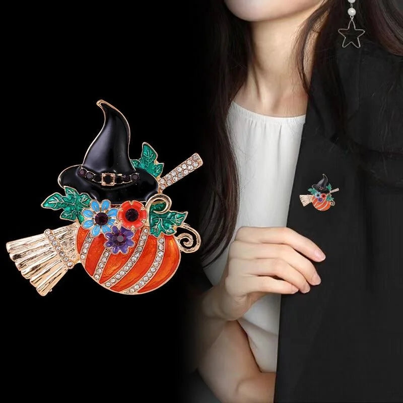 Cute Halloween Pumpkin Witch Hat Broom Enamel Rhinestone Alloy Brooch Lapel Pin Corsage Gift