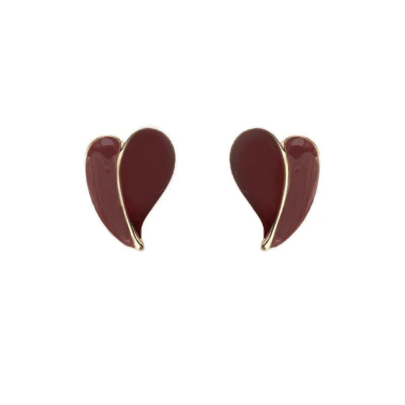 14K Plated Copper Burgundy Red Enamel Heart Stud Earrings, Hong Kong Style