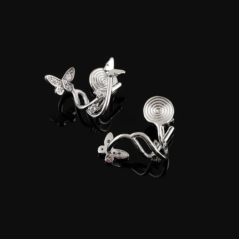 Elegant Double Butterfly Spiral Alloy Zircon Stud & Clip On No Piercing Luxury Women's Earrings