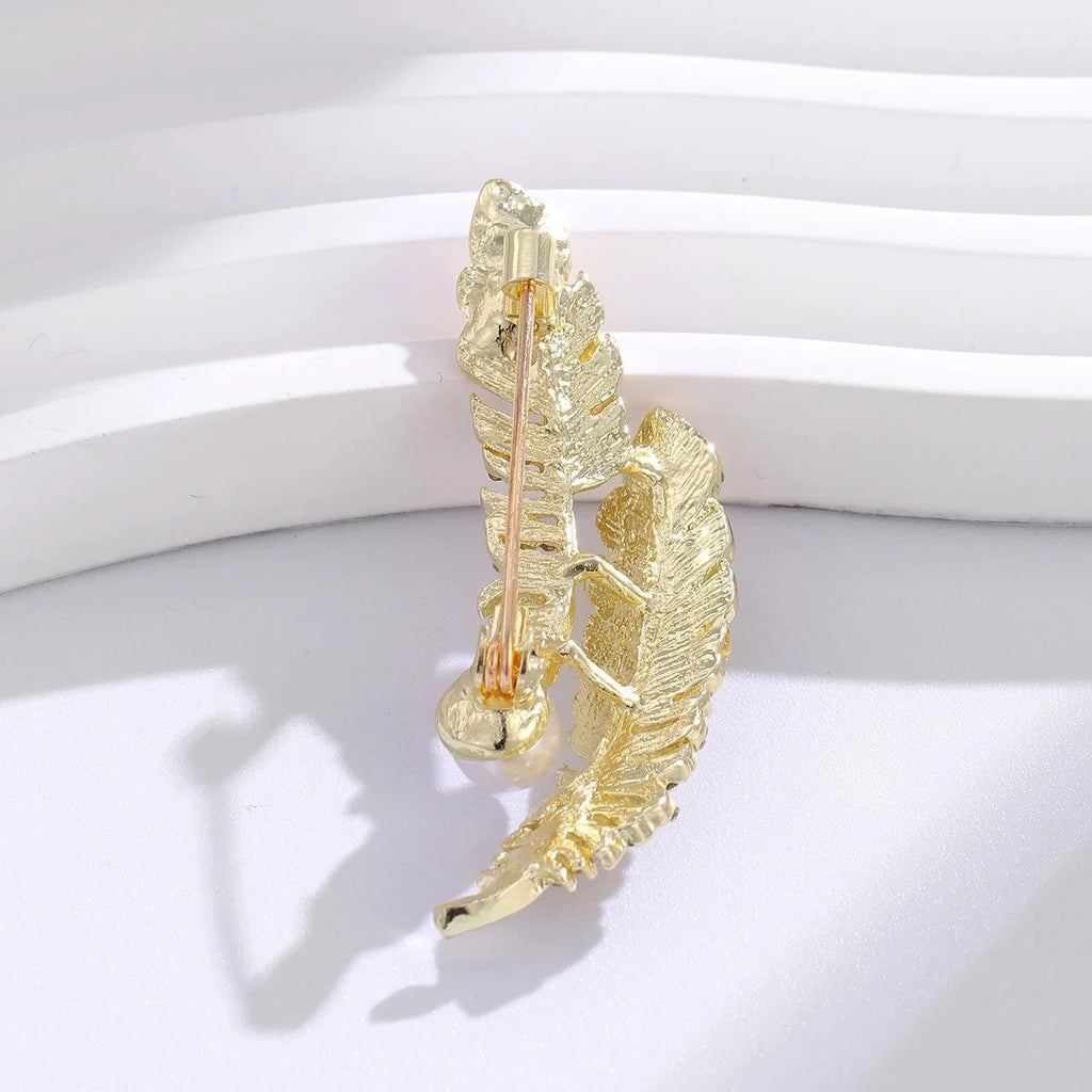 Elegant Gold Feather Leaf Brooch With Pearl And Rhinestone, Luxury Women's Lapel Pin Suit Accessory