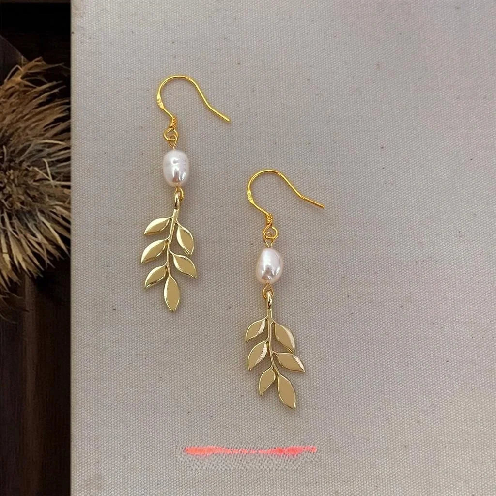 French Handmade Freshwater Pearl Copper Leaf Long Drop Earrings For Women Light Luxury Jewelry