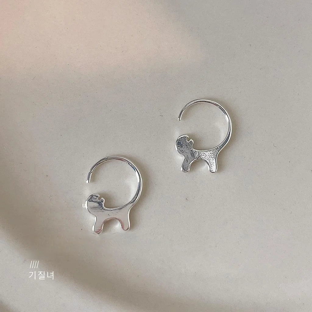 Cute Silver Tone Copper Cat Drop Earrings Minimalist Animal Design Daily Fashion Jewelry