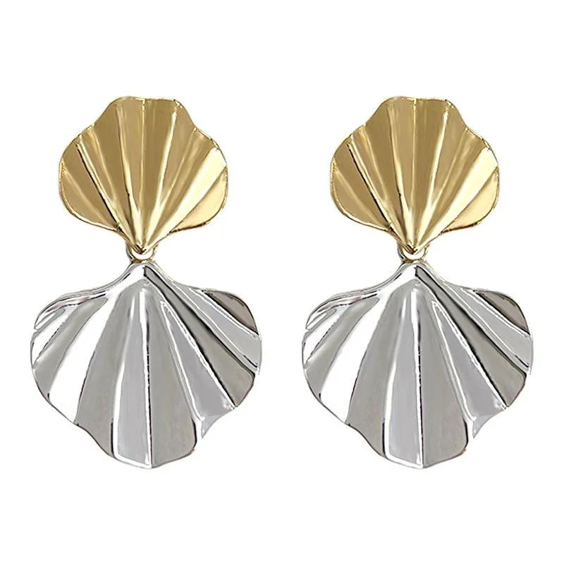 Two Tone Plated Copper Fan Pleated Geometric Drop Earrings For Women Statement Commuter Style