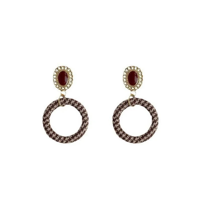 Maillard Style Houndstooth Round Fabric Stud Earrings French Vintage Enamel Drip Jewelry